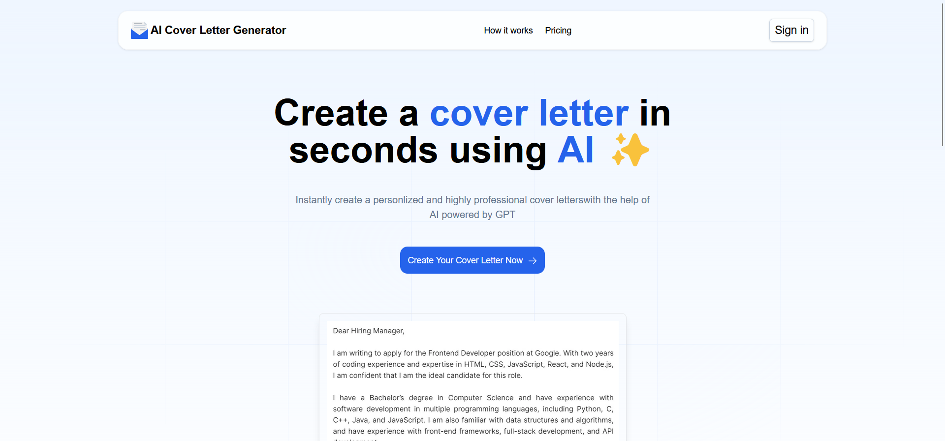 AI Cover Letter Generator Hero